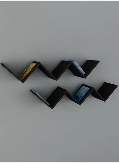 2-Pcs Home Room Decoration W-Shaped Wall Shelf Mount Display Ledge Storage Rack - Black