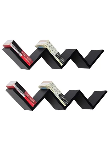 2-Pcs Home Room Decoration W-Shaped Wall Shelf Mount Display Ledge Storage Rack - Black