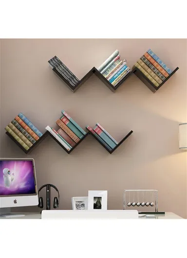 2-Pcs Home Room Decoration W-Shaped Wall Shelf Mount Display Ledge Storage Rack - Black