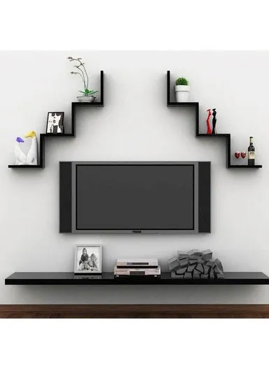 2-Pcs Home Room Decoration W-Shaped Wall Shelf Mount Display Ledge Storage Rack - Black