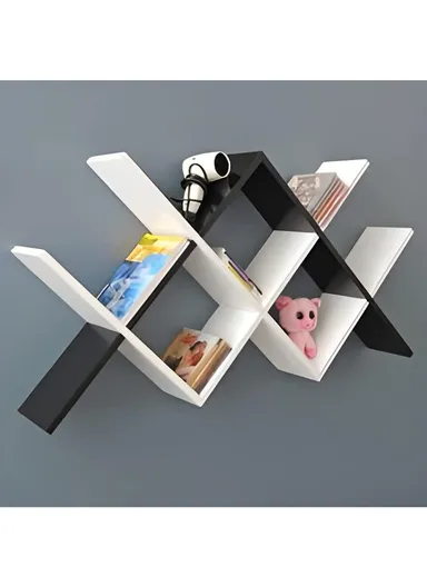 Modern Geometric X-Design Wall Shelf, Interlocking Black &amp; White Floating Bookshelf ZY8031 