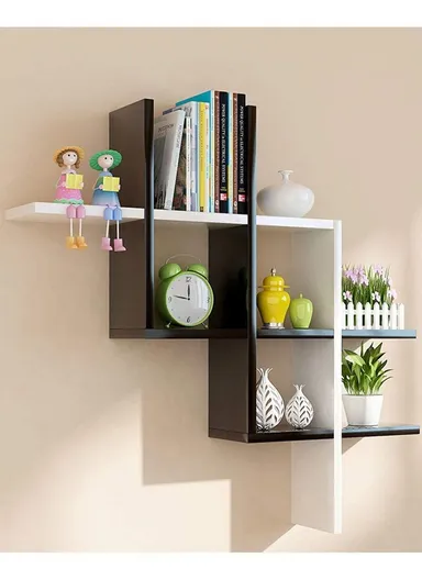 Modern Geometric X-Design Wall Shelf, Interlocking Black &amp; White Floating Bookshelf ZY8031 
