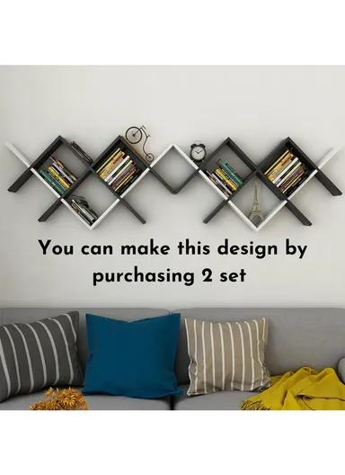 Modern Geometric X-Design Wall Shelf, Interlocking Black &amp; White Floating Bookshelf ZY8031 