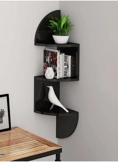 3-Layer 7 Pieces Wall Corner Bookshelf Storage Rack, Potted Plant Holder, Photo Frame, Display Stand (L20 x W20 x H80)cm - Black