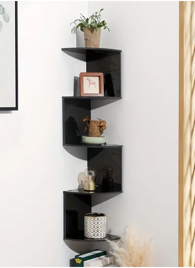 5-Layer Wall Corner Bookshelf Storage Rack, Potted Plant Holder, Photo Frame, Display Stand (L20 x W20 x H80)cm - Black