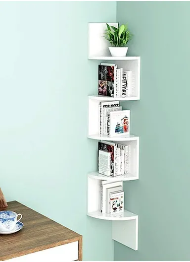 5-Layer Wall Corner Bookshelf Storage Rack, Potted Plant Holder, Photo Frame, Display Stand (L20 x W20 x H120)cm - White