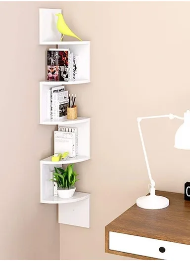 5-Layer Wall Corner Bookshelf Storage Rack, Potted Plant Holder, Photo Frame, Display Stand (L20 x W20 x H120)cm - White