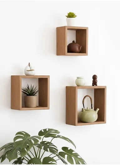 3-Pcs Home Room Decoration Square Wall Shelf Mount Display Ledge Storage Rack - Wood Color