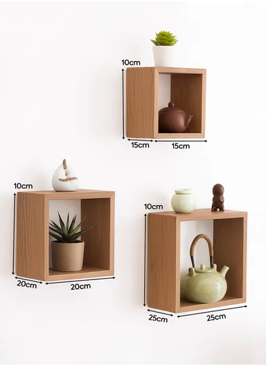 3-Pcs Home Room Decoration Square Wall Shelf Mount Display Ledge Storage Rack - Wood Color