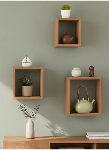3-Pcs Home Room Decoration Square Wall Shelf Mount Display Ledge Storage Rack - Wood Color