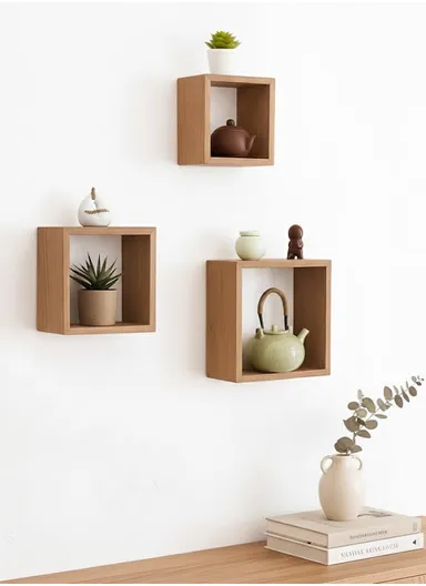 3-Pcs Home Room Decoration Square Wall Shelf Mount Display Ledge Storage Rack - Wood Color