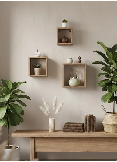 3-Pcs Home Room Decoration Square Wall Shelf Mount Display Ledge Storage Rack - Wood Color