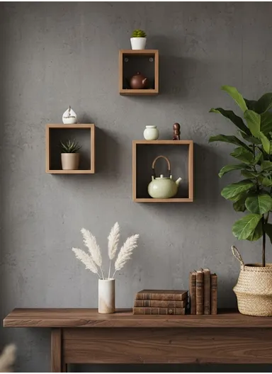 3-Pcs Home Room Decoration Square Wall Shelf Mount Display Ledge Storage Rack - Wood Color