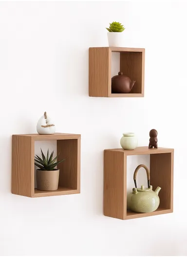 3-Pcs Home Room Decoration Square Wall Shelf Mount Display Ledge Storage Rack - Wood Color