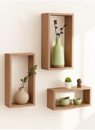 3Pcs Wall Mounted Rectangular Wooden Display Shelves for Home &amp; Office Decoration