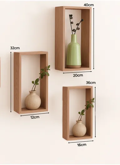 3Pcs Wall Mounted Rectangular Wooden Display Shelves for Home &amp; Office Decoration