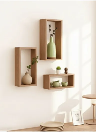 3Pcs Wall Mounted Rectangular Wooden Display Shelves for Home &amp; Office Decoration