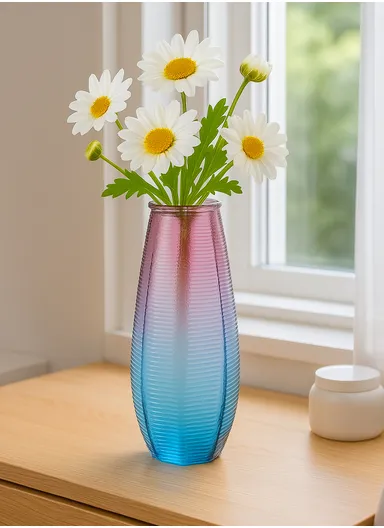 Horizontal Stripes Design Multi-Color Elegant Simple Flower Desk Decorative Glass Vase (D13 x H27) cm - Purple &amp; Blue