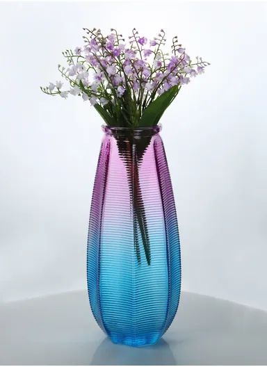 Horizontal Stripes Design Multi-Color Elegant Simple Flower Desk Decorative Glass Vase (D13 x H27) cm - Purple &amp; Blue