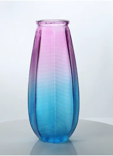 Horizontal Stripes Design Multi-Color Elegant Simple Flower Desk Decorative Glass Vase (D13 x H27) cm - Purple &amp; Blue