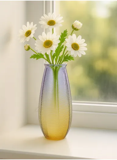 Horizontal Stripes Design Multi-Color Elegant Simple Flower Desk Decorative Glass Vase (D13 x H27) cm - Purple &amp; Yellow