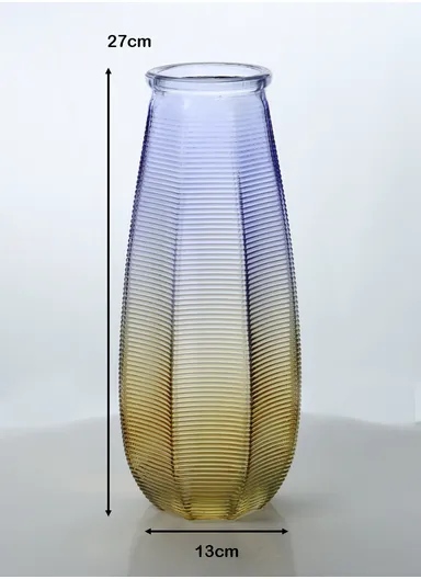 Horizontal Stripes Design Multi-Color Elegant Simple Flower Desk Decorative Glass Vase (D13 x H27) cm - Purple &amp; Yellow