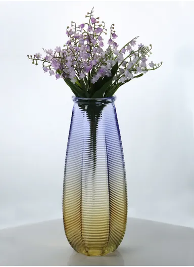 Horizontal Stripes Design Multi-Color Elegant Simple Flower Desk Decorative Glass Vase (D13 x H27) cm - Purple &amp; Yellow