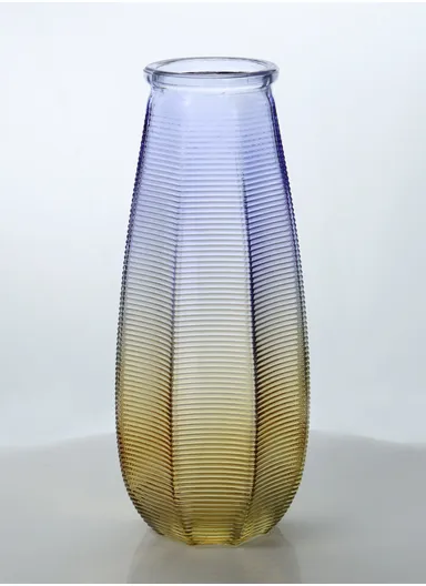 Horizontal Stripes Design Multi-Color Elegant Simple Flower Desk Decorative Glass Vase (D13 x H27) cm - Purple &amp; Yellow