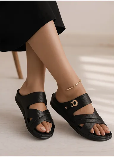 Comfortable Stylish Women's Flat Summer Slippers Open Toe - Black
