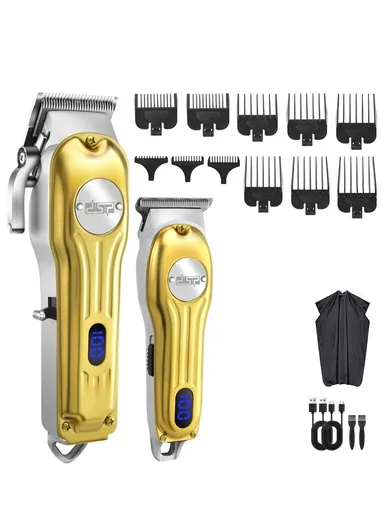 2000mAh Clipper, 600mAh Trimmer Rechargeable Professional Hair Cutting Set, Metal Body Hair Trimmer &amp; Clipper with Guide Comb 80170 - Gold