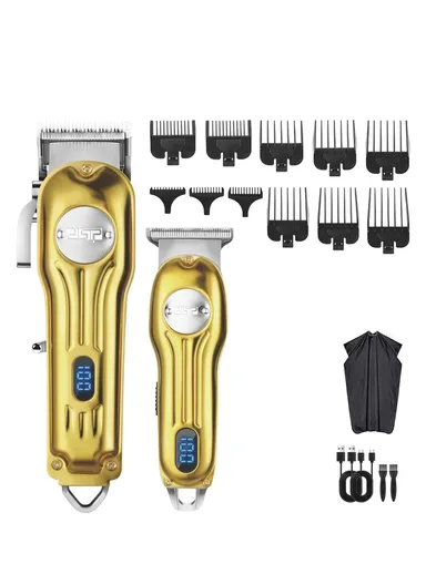 2000mAh Clipper, 600mAh Trimmer Rechargeable Professional Hair Cutting Set, Metal Body Hair Trimmer &amp; Clipper with Guide Comb 80170 - Gold