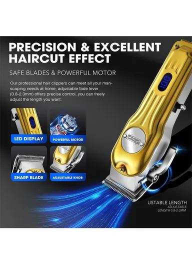 2000mAh Clipper, 600mAh Trimmer Rechargeable Professional Hair Cutting Set, Metal Body Hair Trimmer &amp; Clipper with Guide Comb 80170 - Gold