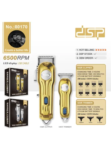 2000mAh Clipper, 600mAh Trimmer Rechargeable Professional Hair Cutting Set, Metal Body Hair Trimmer &amp; Clipper with Guide Comb 80170 - Gold