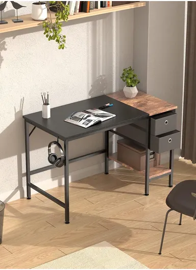 Sturdy Home Office Work MDF + Metal Desk, Study Desk, Capacious Computer Desk with 2 Fabric Drawers, Headphone Hook &amp; Open Shelf (W100 x D50 x H74)cm - Black &amp; Tiger Grain