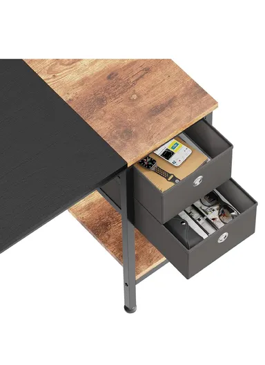 Sturdy Home Office Work MDF + Metal Desk, Study Desk, Capacious Computer Desk with 2 Fabric Drawers, Headphone Hook &amp; Open Shelf (W100 x D50 x H74)cm - Black &amp; Tiger Grain