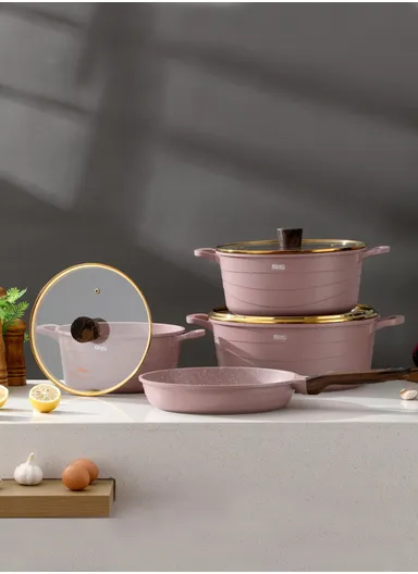 15 Pieces Set Die-Casting Non-Stick Aluminum Multicookware Casserole &amp; Pan with Apron, Spatulas &amp; Gloves CA018-S02 - Pink