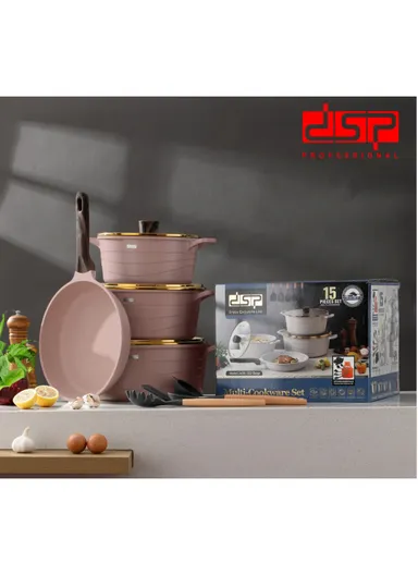 15 Pieces Set Die-Casting Non-Stick Aluminum Multicookware Casserole &amp; Pan with Apron, Spatulas &amp; Gloves CA018-S02 - Pink