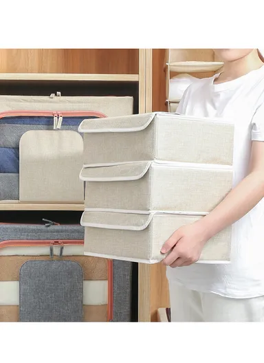 8 Grids Storage Box Organizer with Protective Lid, Multi-Use Drawer Clothing Storage Bin Organizer (W33 x D24 x H12)cm - Beige