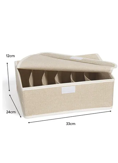 6 Grids Storage Box Organizer with Protective Lid, Multi-Use Drawer Clothing Storage Bin Organizer (W33 x D24 x H12)cm - Beige