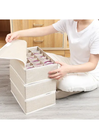 6 Grids Storage Box Organizer with Protective Lid, Multi-Use Drawer Clothing Storage Bin Organizer (W33 x D24 x H12)cm - Beige