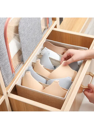 6 Grids Storage Box Organizer with Protective Lid, Multi-Use Drawer Clothing Storage Bin Organizer (W33 x D24 x H12)cm - Beige