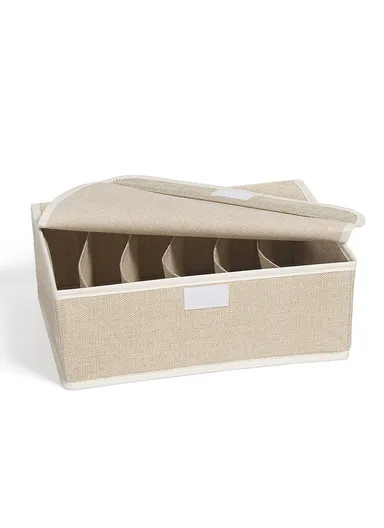 6 Grids Storage Box Organizer with Protective Lid, Multi-Use Drawer Clothing Storage Bin Organizer (W33 x D24 x H12)cm - Beige