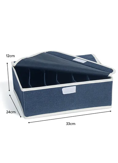 6 Grids Storage Box Organizer with Protective Lid, Multi-Use Drawer Clothing Storage Bin Organizer (W33 x D24 x H12)cm - Blue