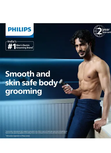 Philips Body Groomer for Men, Waterproof, Skin-Friendly Shaver with Bidirectional Trimmer BG3007