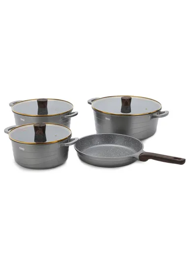 15 Pieces Set Die-Casting Non-Stick Aluminum Multicookware Casserole &amp; Pan with Apron, Spatulas &amp; Gloves CA018-S02 - Grey