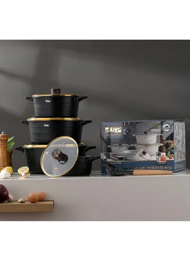 16-Pcs 20/24/28/32cm Non-Stick Cast Aluminum Casserole Set with 4 Lids, 5 Spoons, Kitchen Apron &amp; Heat-Resistant Glove CA018-S01 - Black