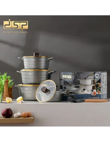 16 Pieces Set Die-Casting Non-Stick Aluminum Casserole with Apron, Spatulas &amp; Gloves CA018-S01 - Grey