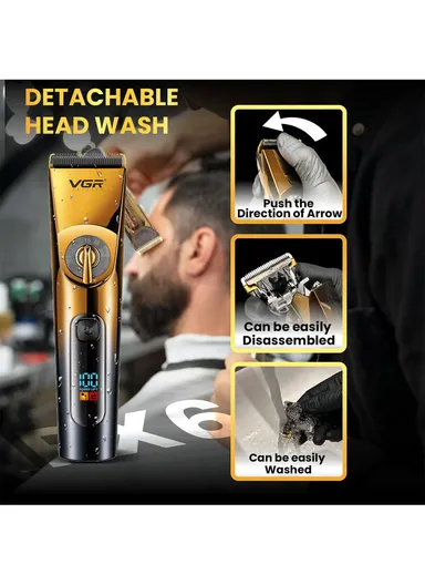 Rechargeable Professional Hair Clipper, Waterproof Ceramic &amp; Titanium Blade Hair Clipper with LED Display &amp; Guiding Comb V-663