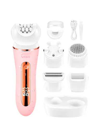 Women's 5-in-1 Compact Waterproof Epilator with 5 Nozzles, Rechargeable Comfort Grip Epilator with Accessories V-751 - Pink