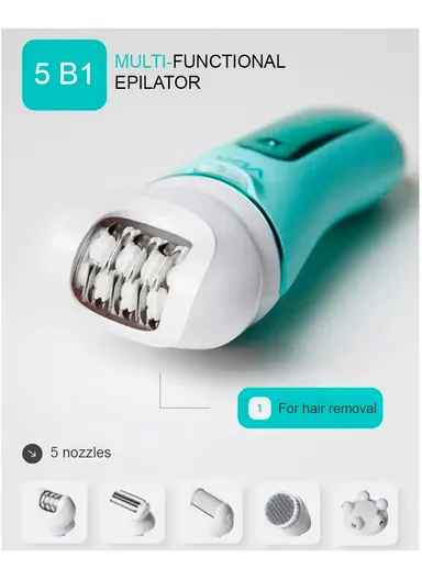 Women's 5-in-1 Compact Waterproof Epilator with 5 Nozzles, Rechargeable Comfort Grip Epilator with Accessories V-751 - Pink